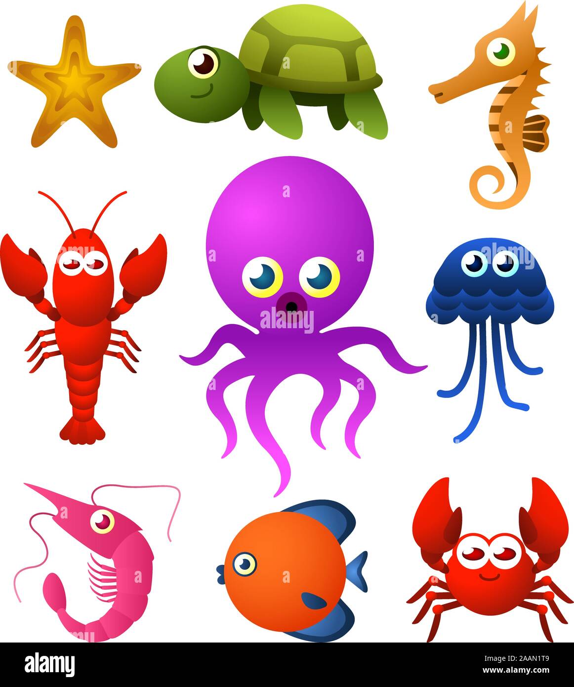 Nueve iconos de especies animales de vida marina, como estrellas de mar, tortugas, caballos de mar, matorral, pulpo ilustración vectorial. Ilustración del Vector