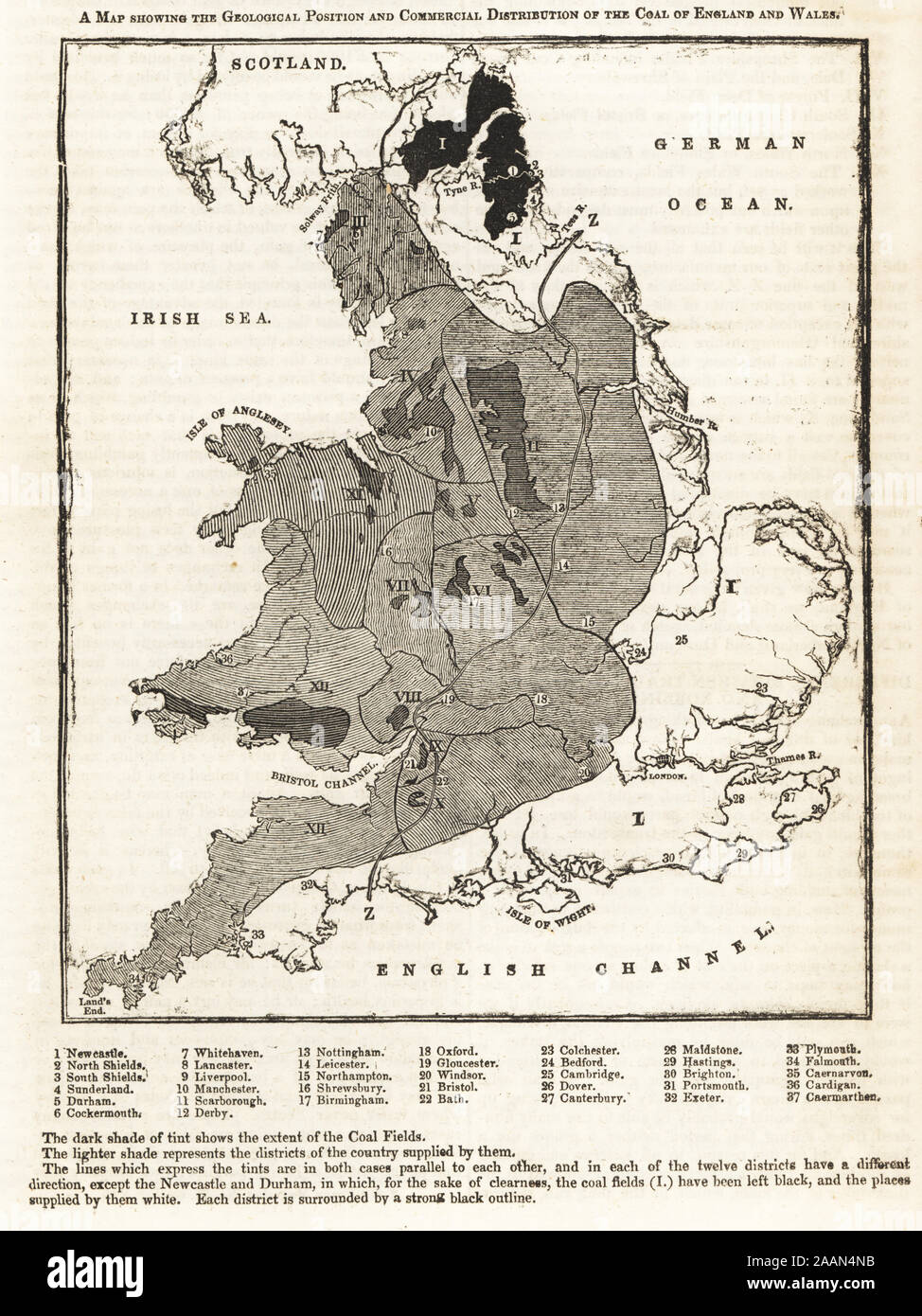 Mapa mostrando la posición geológica y la distribución comercial del carbón de Inglaterra y Gales. Grabado de la xilografía Penny Magazine, de la Sociedad para la difusión de conocimientos útiles, impreso por William Clowes, Lambeth, 1833. Foto de stock
