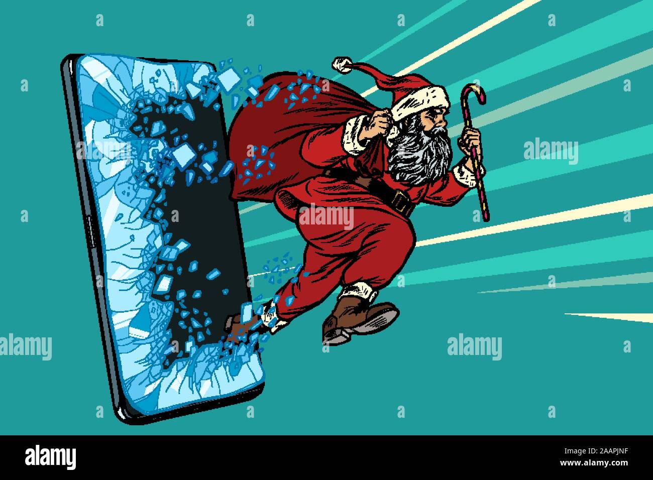 Concepto de ventas online de Navidad. Santa Claus sale del smartphone Ilustración del Vector