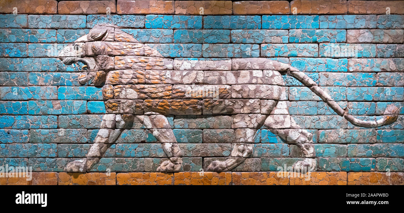 León de la manera procesional en Babilonia (Iraq), Período Neo-Babylonian, reinado de Nabucodonosor I, 604-561 a.C., azulejos de colores. Foto de stock