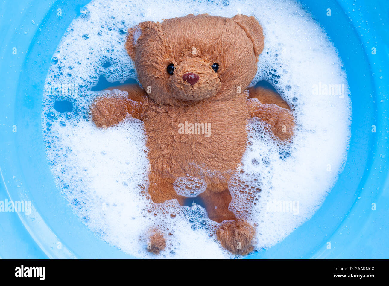 Juguete de remojo en agua detergente de lavandería oso disolución antes de  lavar. Concepto de lavandería, vista superior Fotografía de stock - Alamy