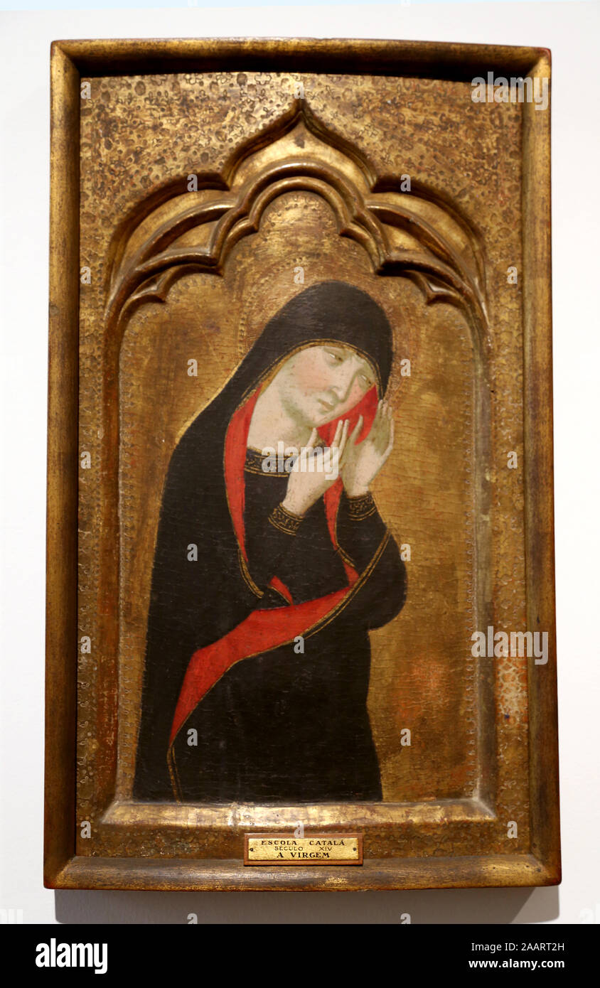 Mater Dolorosa (Verge Dolorosa). Siglo 14. Pintura al temple sobre madera de álamo de taller por el catalán Pere Serra. Gothic-Italian estilo. Foto de stock