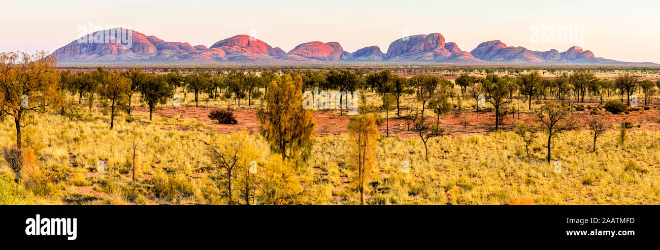 Olgas, también conocido como Kata Tjuta, al amanecer como un panorama. El Territorio del Norte, Australia. Foto de stock