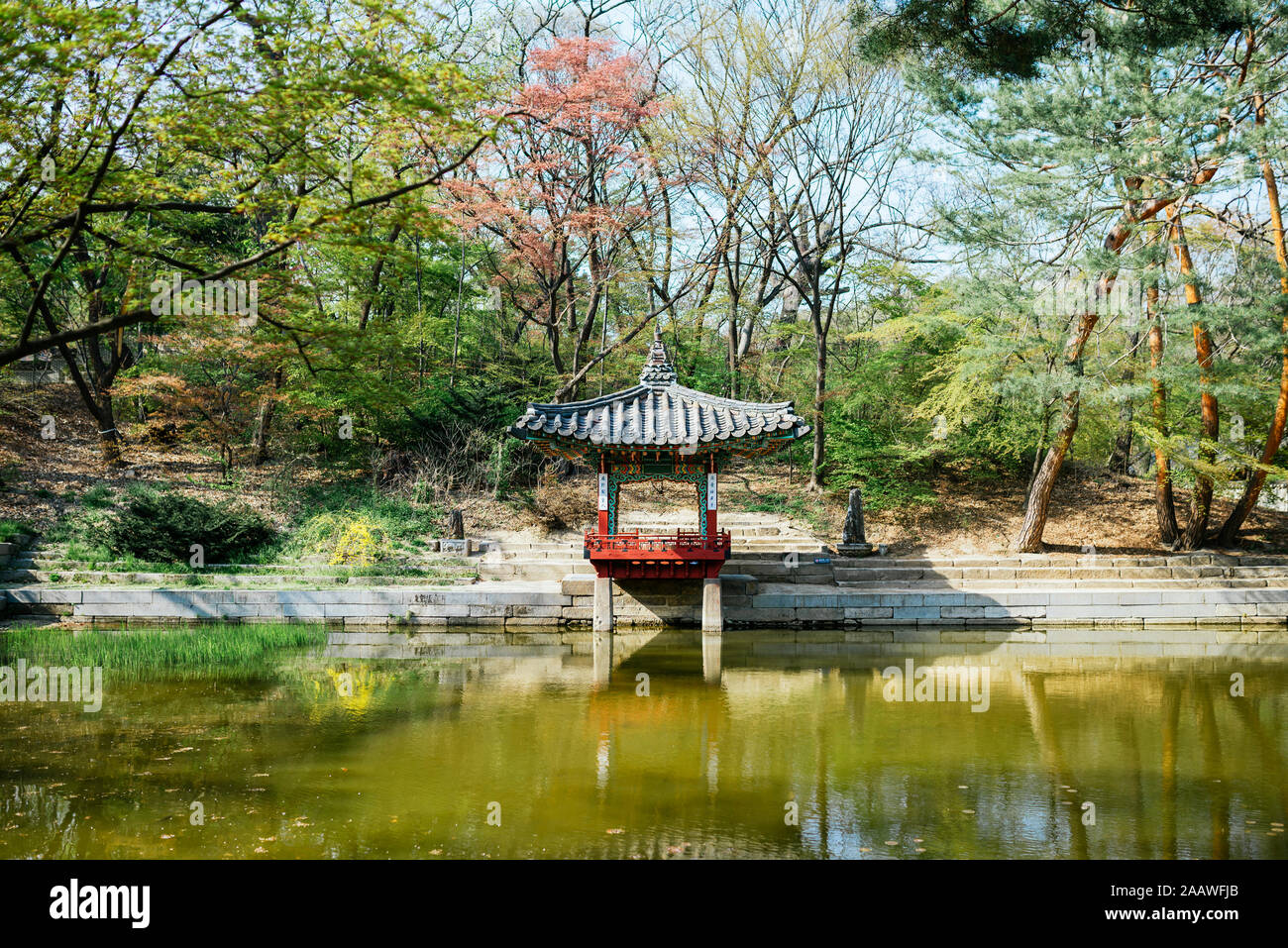 Pagoda en el Jardín Secreto del palacio de Changdeokgung, Seúl, Corea del Sur Foto de stock