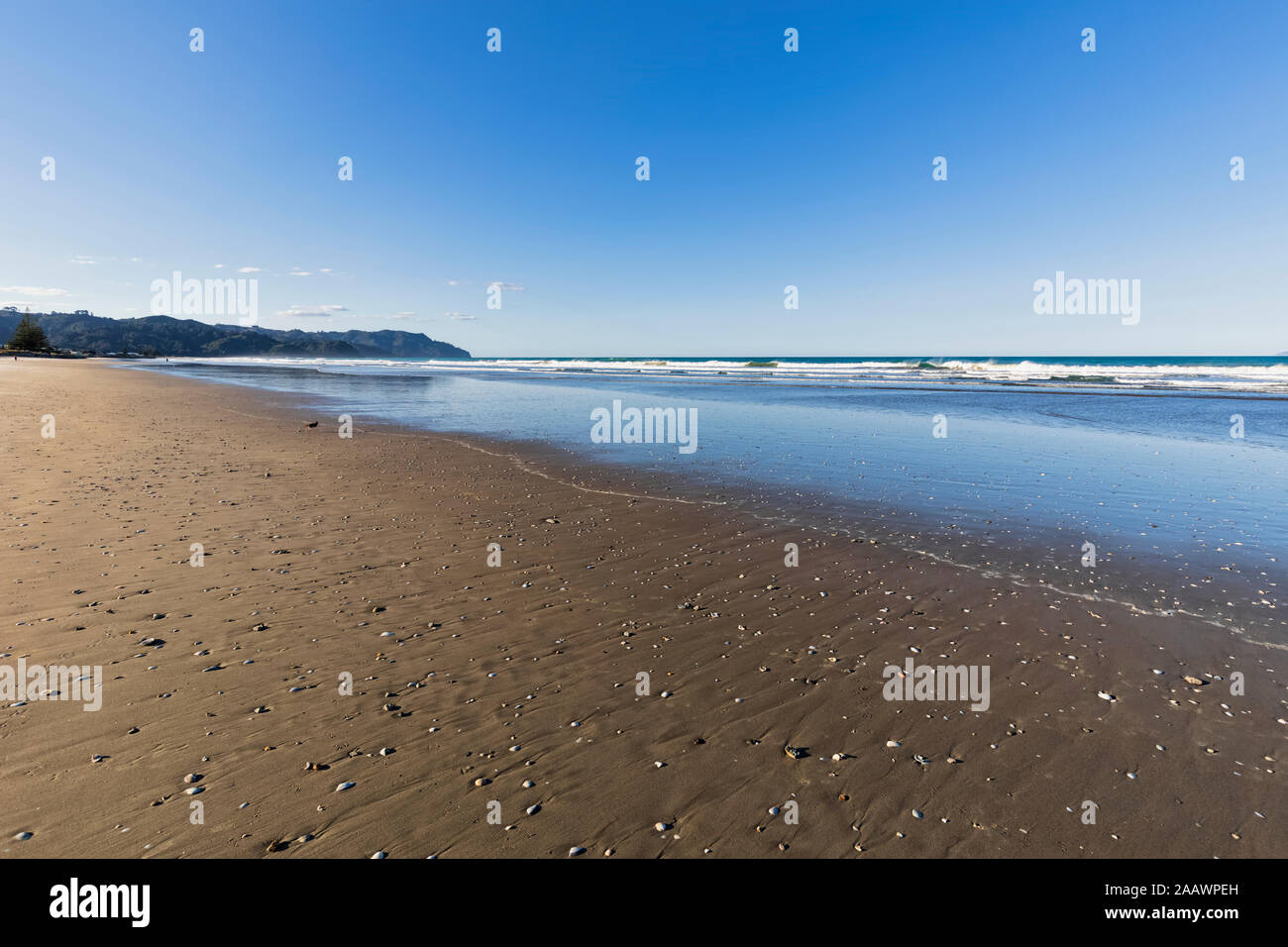 Nueva Zelanda, Isla Norte, Waikato, Waihi Beach, con vistas panorámicas del mar playa Foto de stock