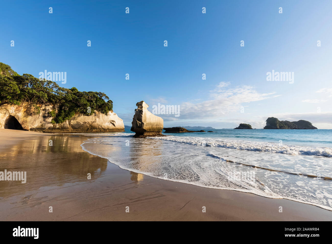 Nueva Zelanda, Isla Norte, Waikato, Esfinge sonriente y arco natural de roca en la Catedral Cove Foto de stock