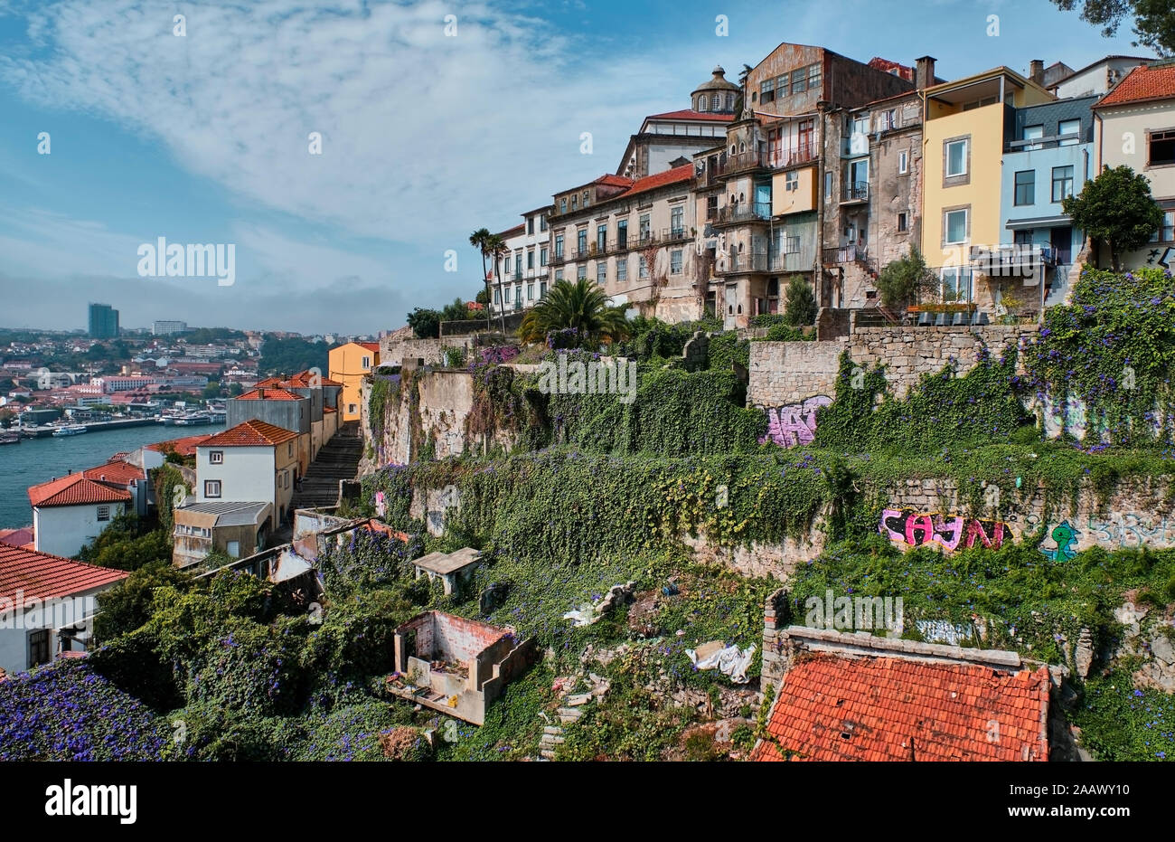 Portugal, Porto, Ribeira, coloridas casas adosadas en colina visto en verano Foto de stock