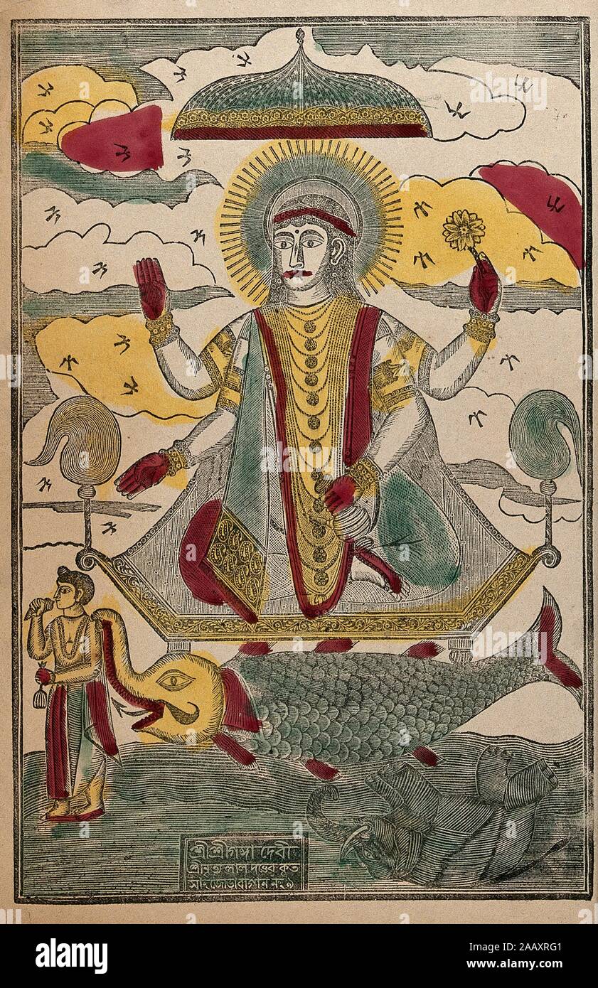 Ganga en su led de transporte por un adorador, boca abajo con un elefante en el río. Transferencia de color litografía..jpg - 2AAXRG1 Foto de stock