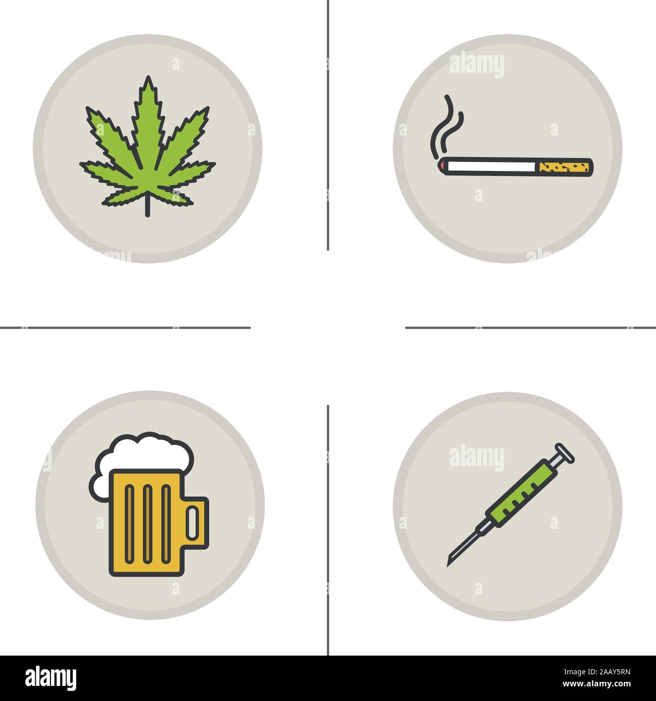 Los malos hábitos los iconos de colores. Las adicciones. Hoja de marihuana,  cigarrillo, jarra de cerveza espumosa, jeringa. Las drogas, el alcohol y el  tabaco los símbolos. Vector illust aislado Imagen Vector