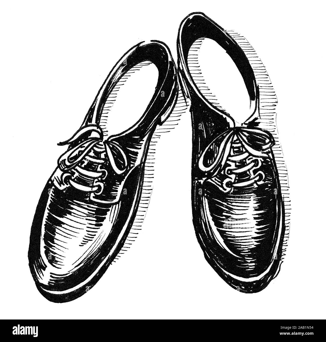 Un par de zapatos de color negro brillante. Dibujo en blanco y negro de  tinta Fotografía de stock - Alamy
