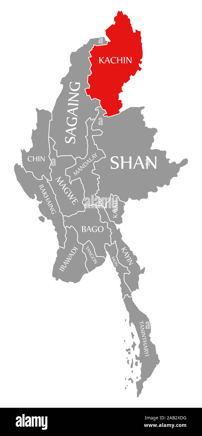 Los Kachin resaltada en rojo en el mapa de Myanmar Foto de stock
