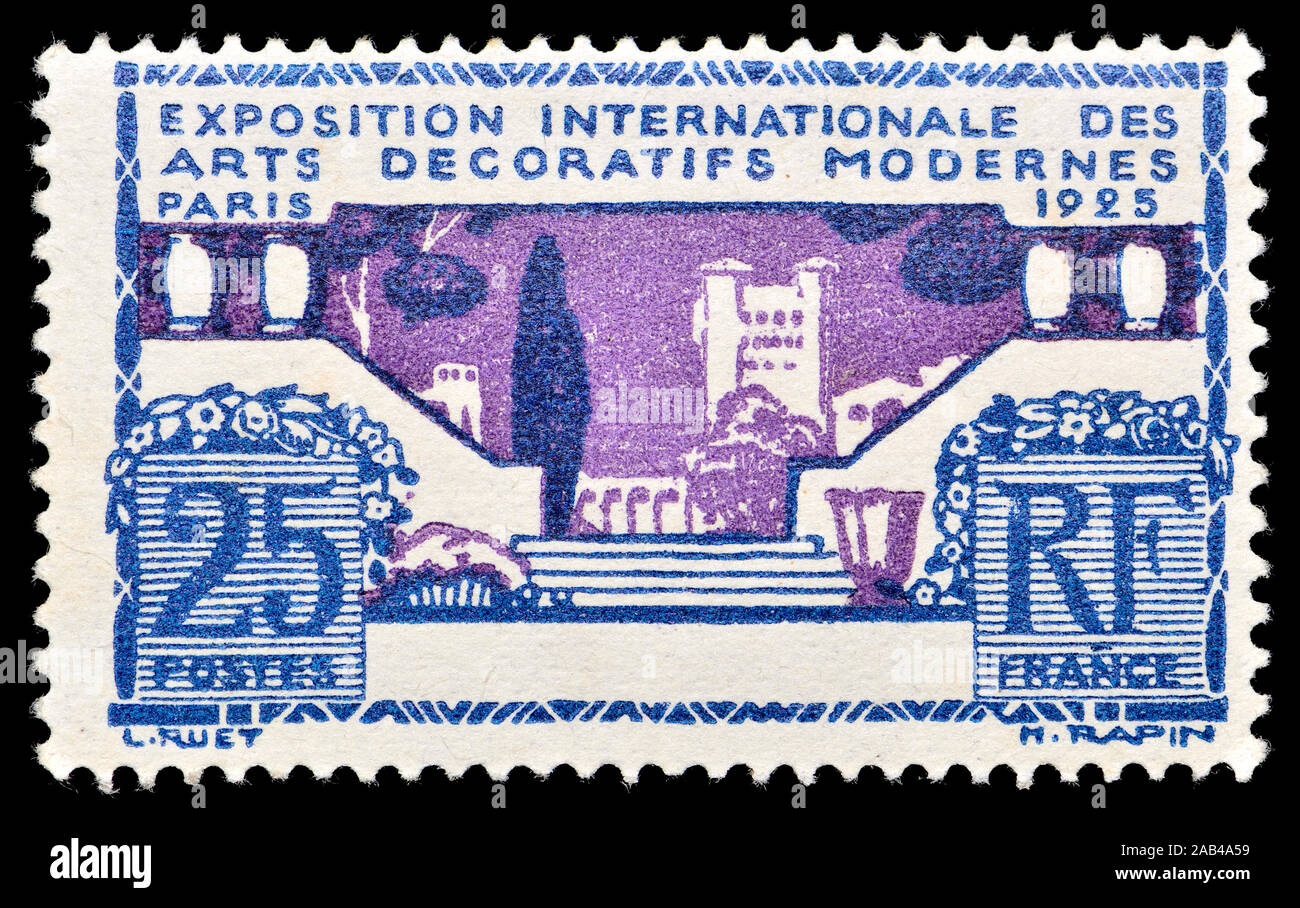 Sello francés (1925) : Exposition Internationale des Artes Decorativas et Industriels Modernes en París - el origen del término "Art Decó" Foto de stock