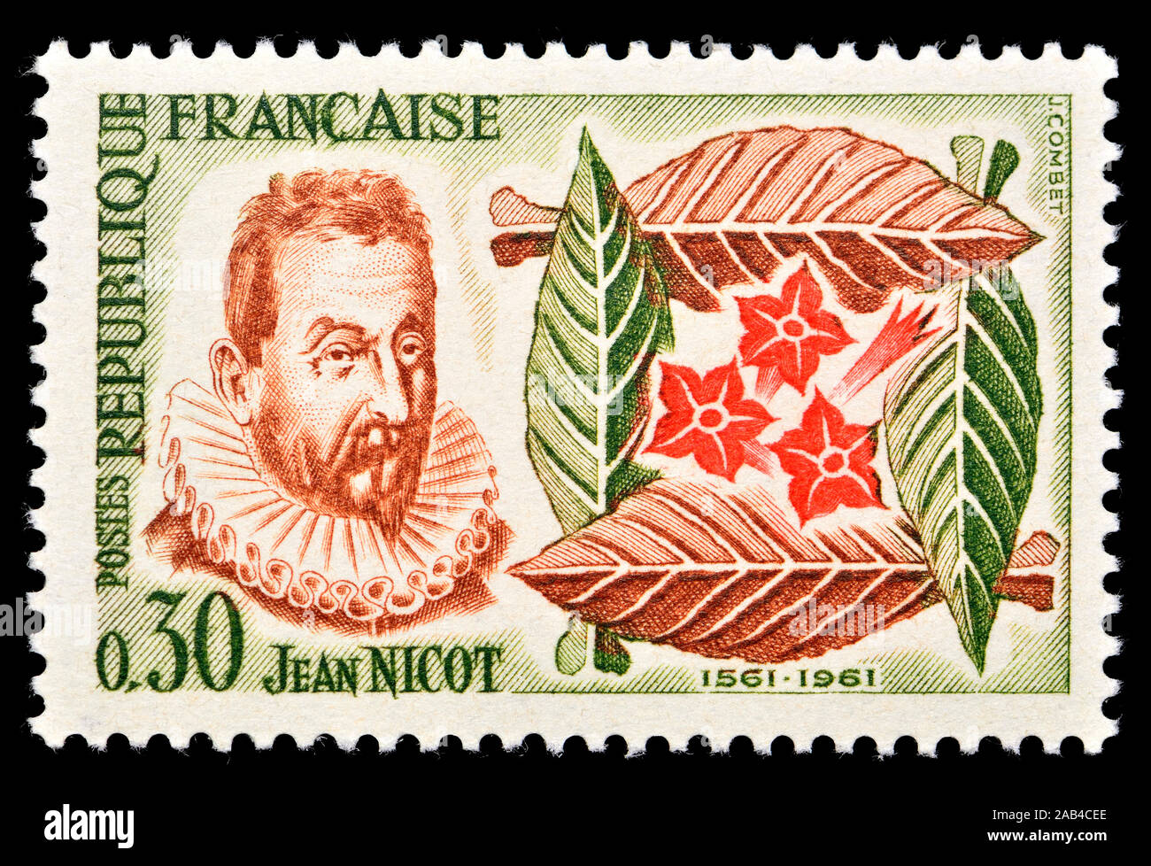 Sello francés (1961) : Jean Nicot (1530-1604), estudioso y diplomático francés. Introdujo el tabaco en Francia Foto de stock