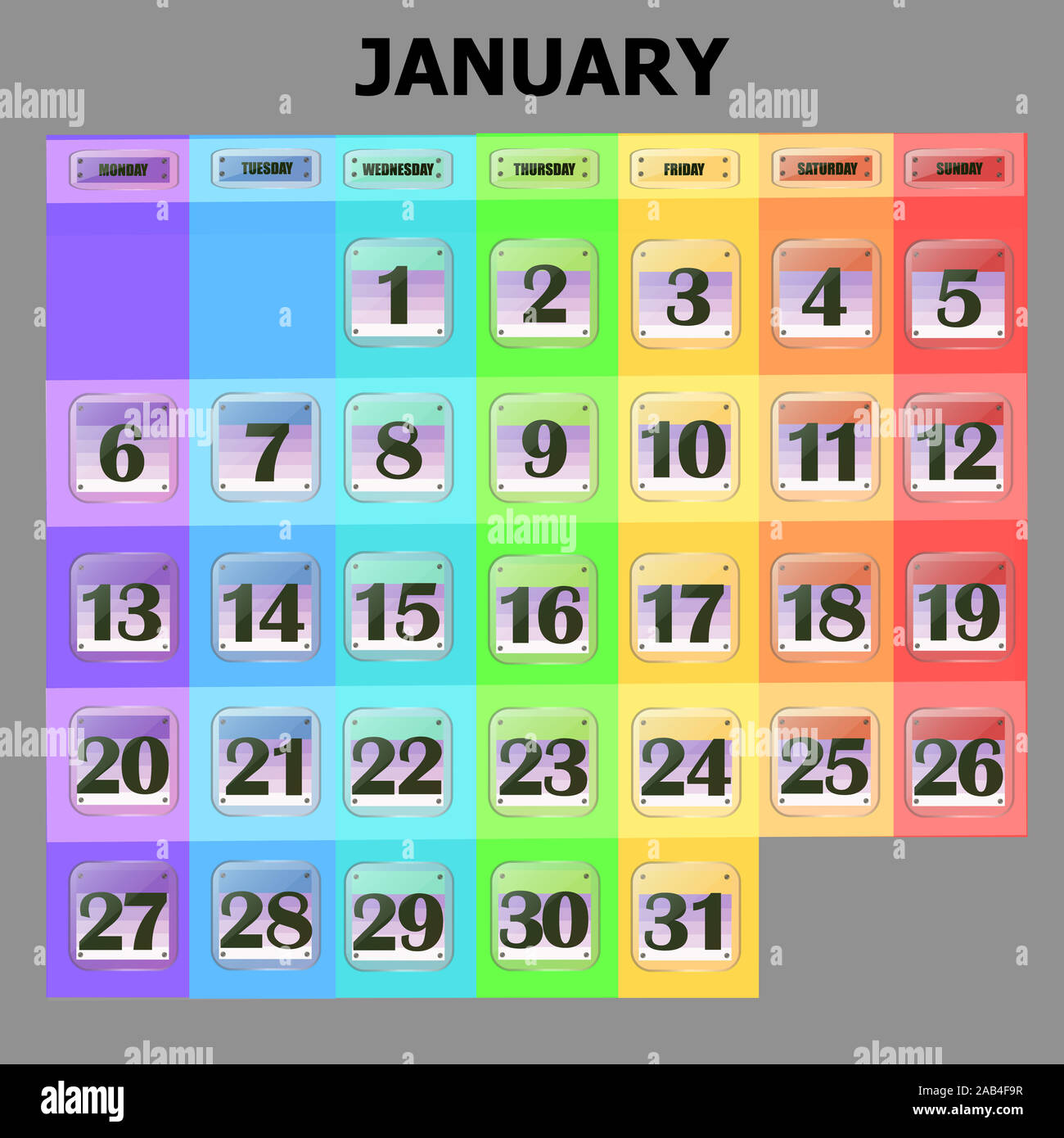 Colorido calendario para enero de 2020