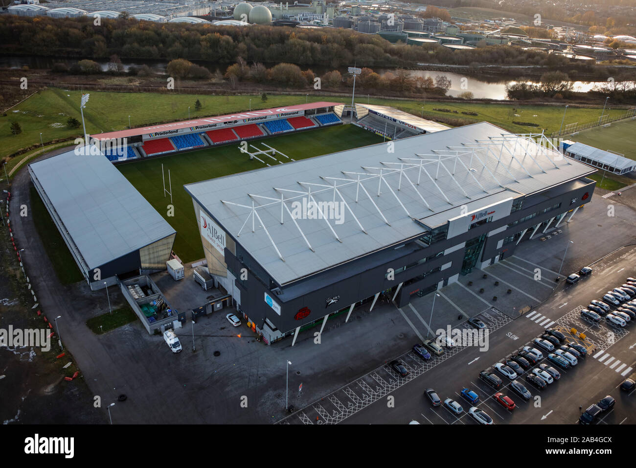 Vista aérea del estadio AJ Bell, Salford, Manchester, Reino Unido Foto de stock