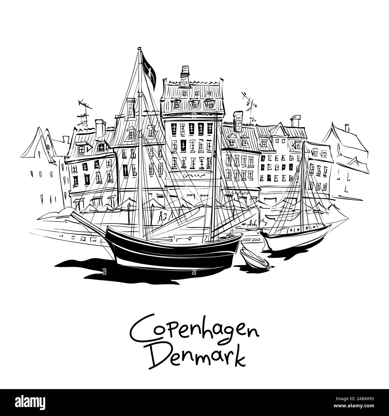 Blanco y negro vectorial boceto de Nyhavn, con fachadas de casas antiguas y viejas naves en el casco antiguo de la ciudad de Copenhague, capital de Dinamarca. Ilustración del Vector