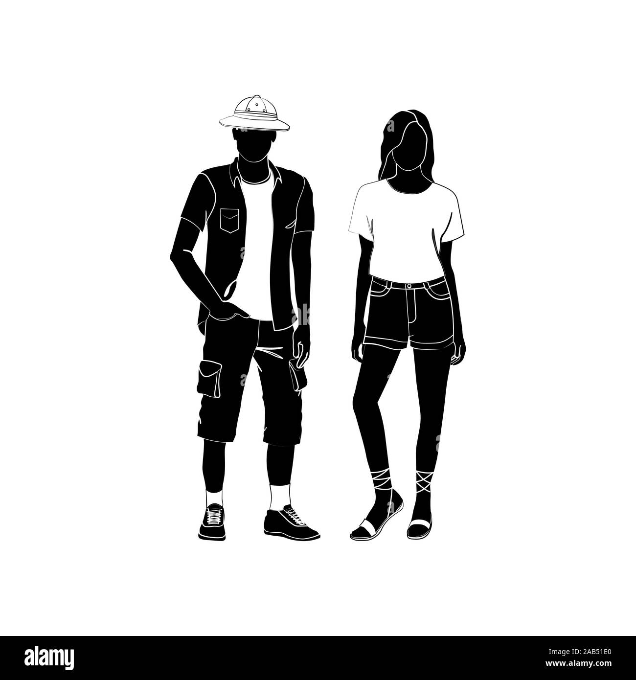 Chica De Moda Y Guy Vector La Moda Hombre Y Mujer Silueta Vector Moda Joven Pareja Chica En Pantalones Cortos Y Camisetas Guy En Un T Shirt Shi Imagen Vector De Stock