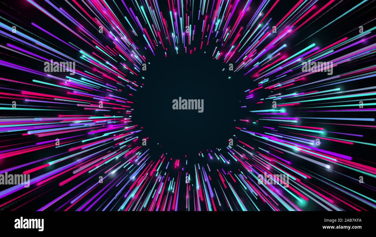 Representacion 3d De Movimiento A Traves De Un Largo Pasillo Con Vigas Velocidad De La Luz Rayos Brillantes De Neon En Movimiento Generado Por Ordenador Cosmico Moderno Abstracto Fotografia De Stock