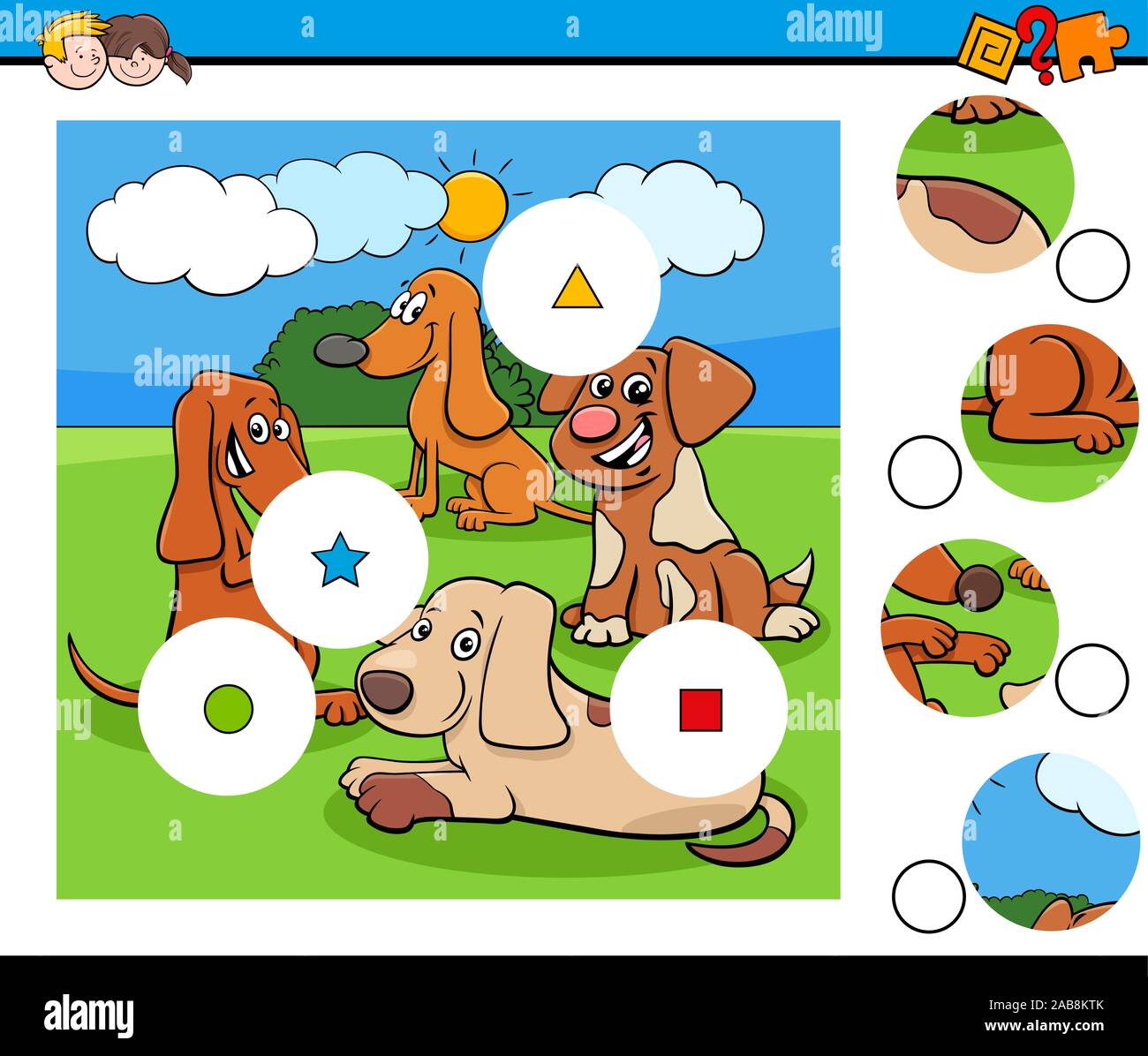 Ilustración de dibujos animados educativos de coincidir con las piezas del juego Rompecabezas para Niños con bonitos perros personajes de animales Imagen Vector de stock - Alamy