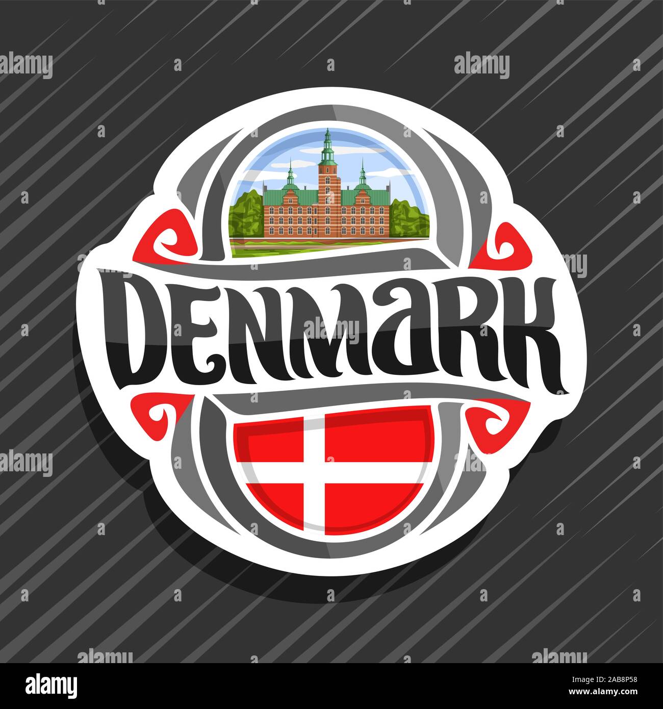 Vector logo para Dinamarca, país, imán de nevera con la bandera estatal danesa, pincel original typeface para word Dinamarca y símbolo nacional danesa - Rosenborg Ilustración del Vector