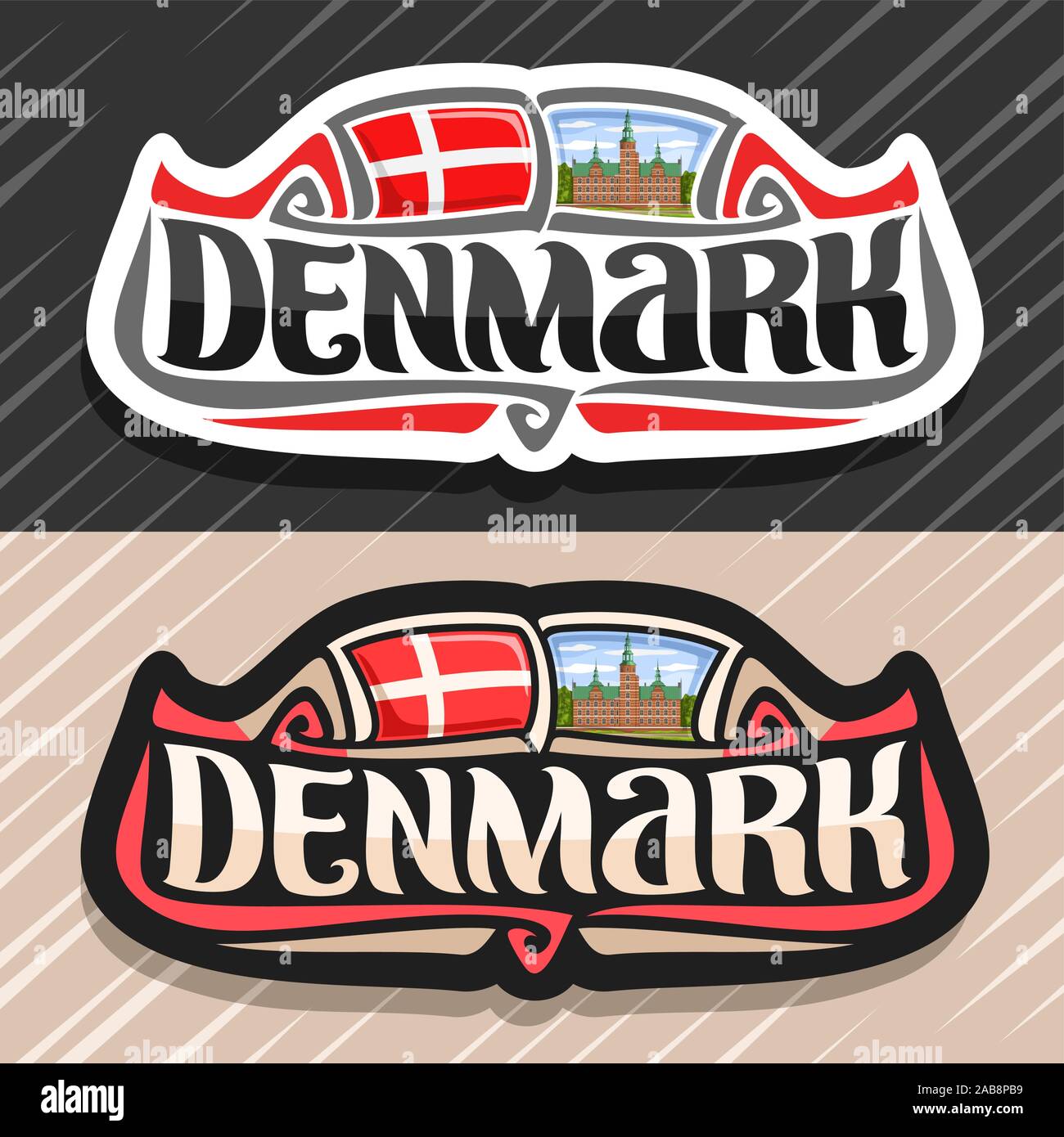 Vector logo para Dinamarca, país, imán de nevera con la bandera estatal danesa, pincel original typeface para word Dinamarca y símbolo nacional danesa - Rosenborg Ilustración del Vector