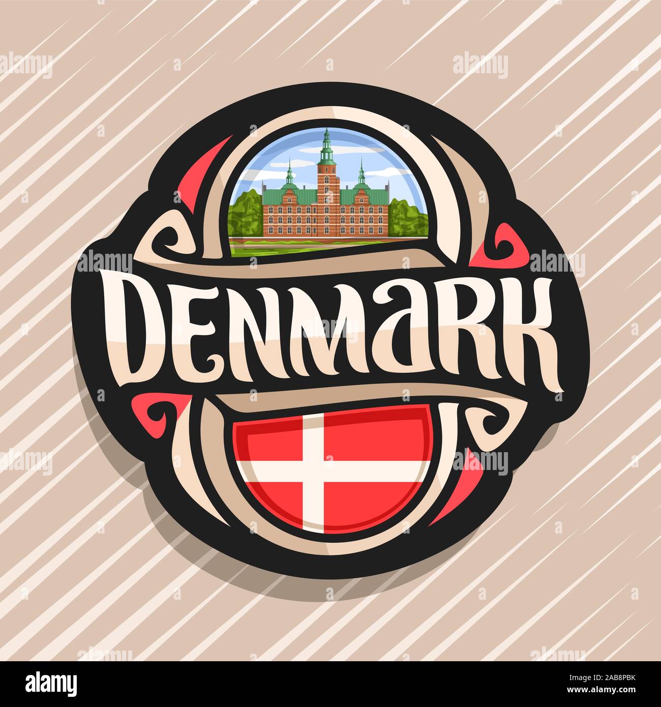 Vector logo para Dinamarca, país, imán de nevera con la bandera estatal danesa, pincel original typeface para word Dinamarca y símbolo nacional danesa - Rosenborg Ilustración del Vector
