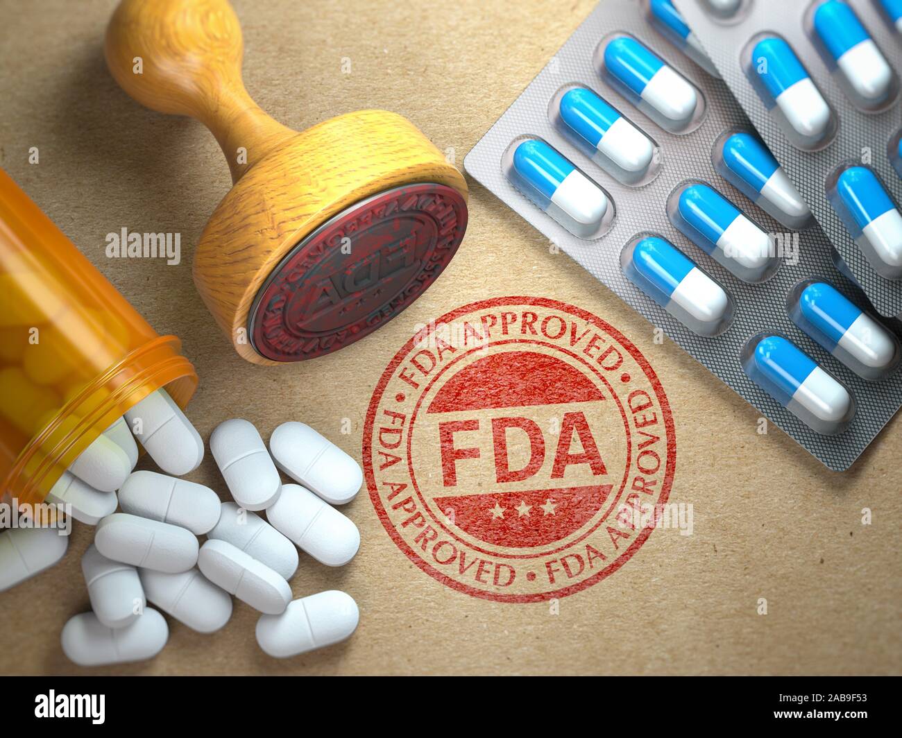 La FDA aprobó el concepto. Sello de caucho con FDA y píldoras en papel artesanal. Ilustración 3d. Foto de stock