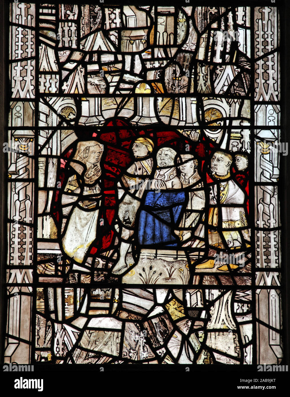 Vidriera medieval, la Iglesia de San Andrés, Graystoke, Cumbria, representando el 2do siglo historia apócrifa de San Andrés, en la ciudad de Wrondon Foto de stock