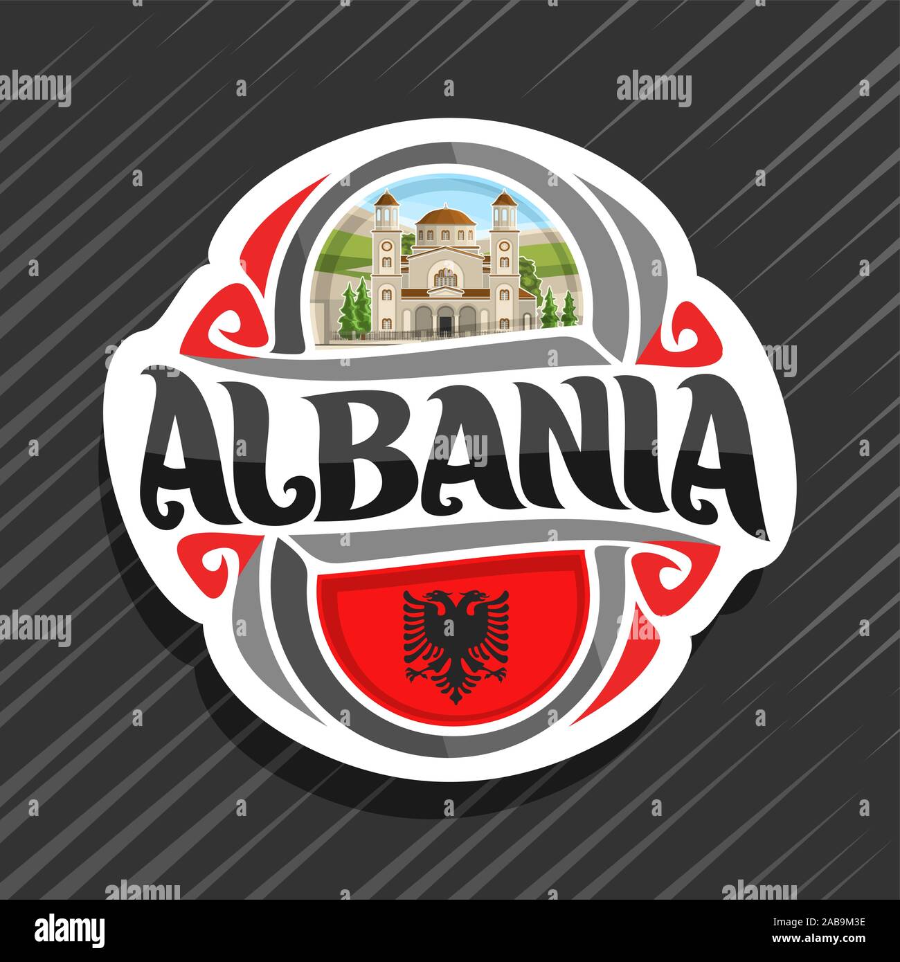 Vector logo para Albania, país, imán de nevera con la bandera del estado albanés, pincel original typeface para word albania y símbolo nacional albanesa - Saint Ilustración del Vector