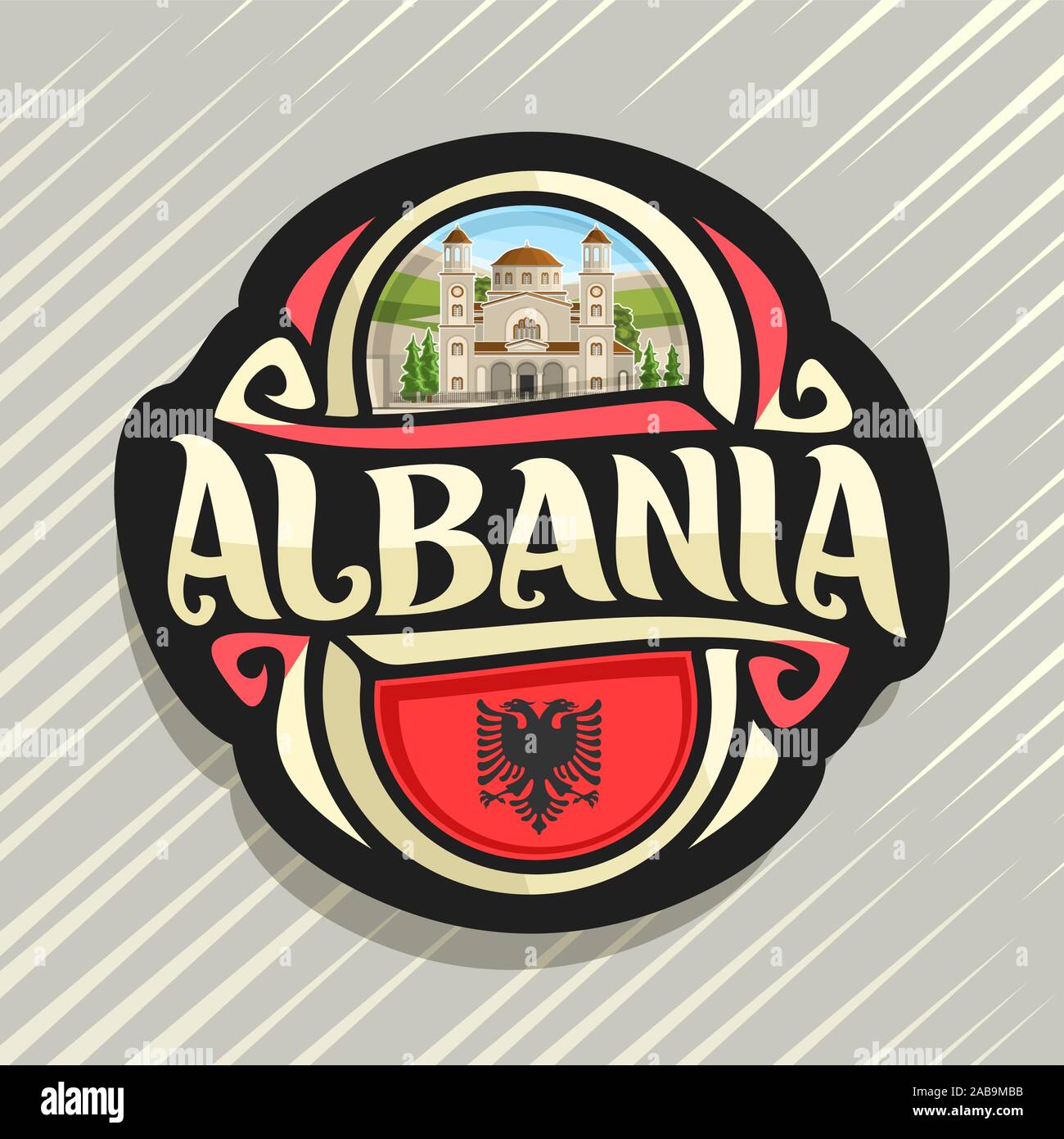 Vector logo para Albania, país, imán de nevera con la bandera del estado albanés, pincel original typeface para word albania y símbolo nacional albanesa - Saint Ilustración del Vector