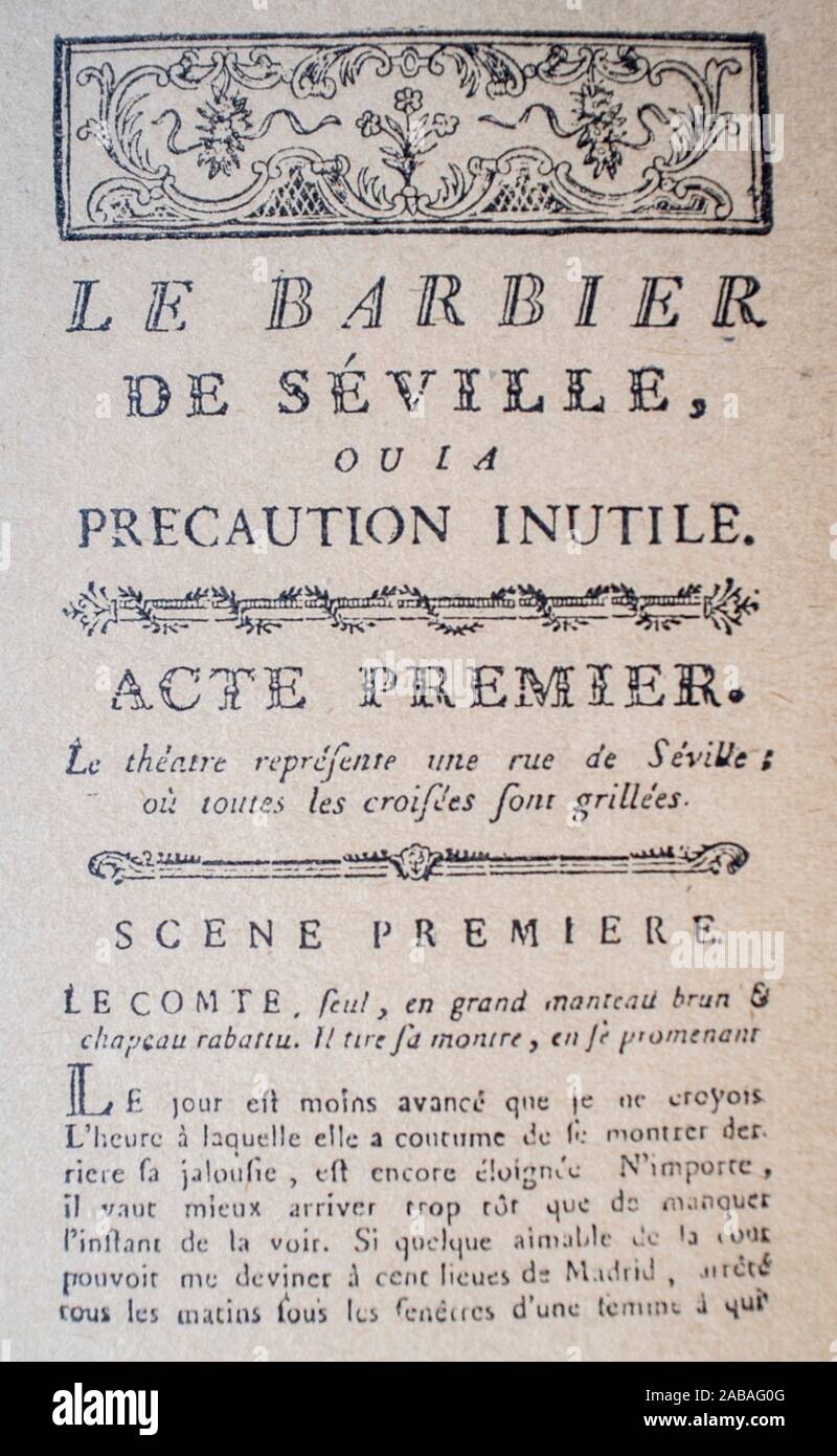 El Barbero de Sevilla o la inútil precaución primera página del libreto. Esta ópera fue escrita por Pierre Beaumarchais, con música original de Foto de stock