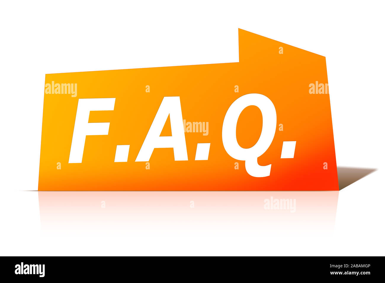 Ein naranjas Etikett vor der Aufschrift mit weissem Hintergrund: "F.A.Q." Foto de stock