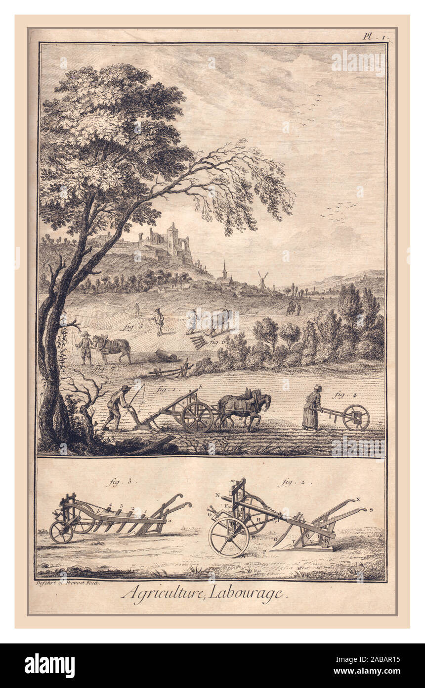 Vintage 1770's página producción vitivinícola ilustración de viticultura implementa para arar los campos de uva del escritor francés Denis Diderot. Foto de stock