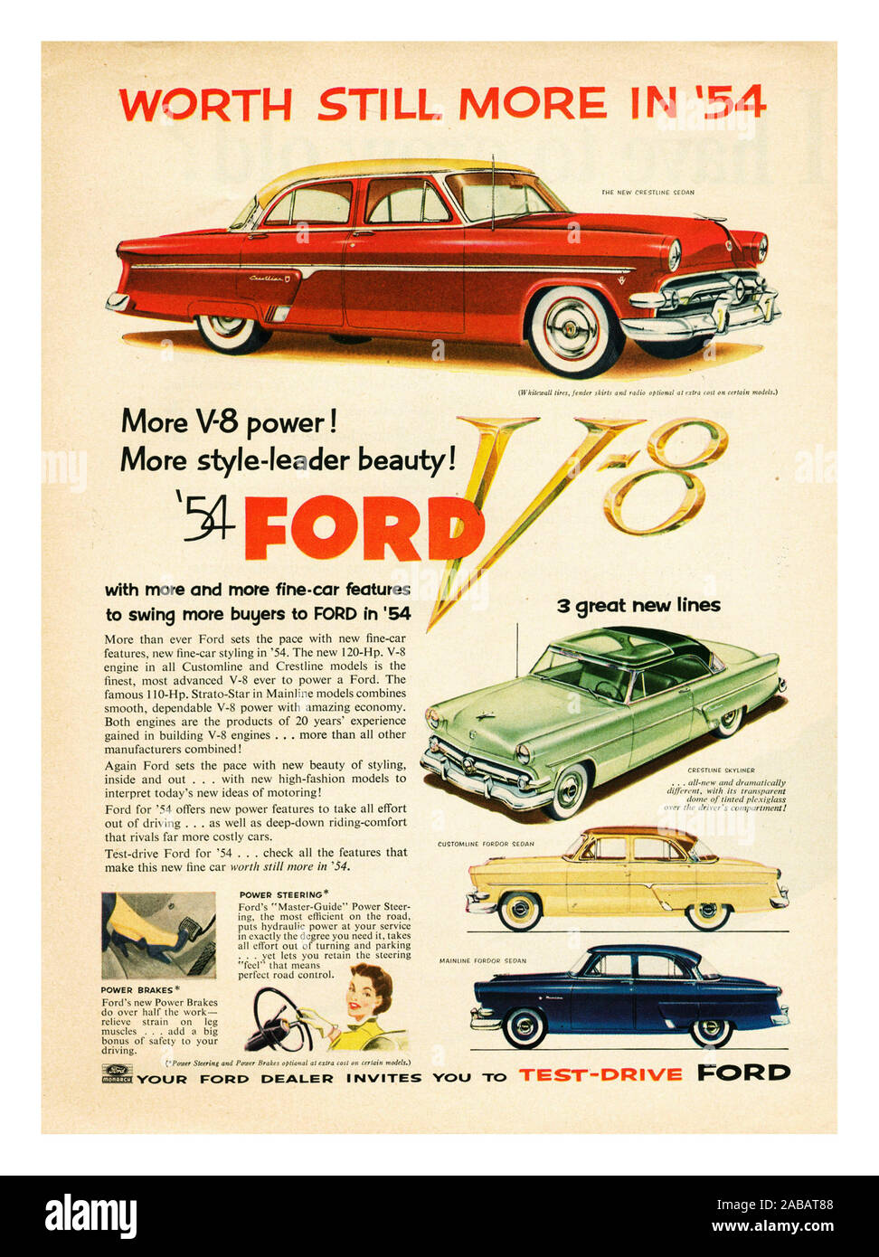 Vintage FORD V8 '54 anuncio de prensa, 'vale aún más en '54' revista de prensa de coches de América publicidad de 1950 Foto de stock