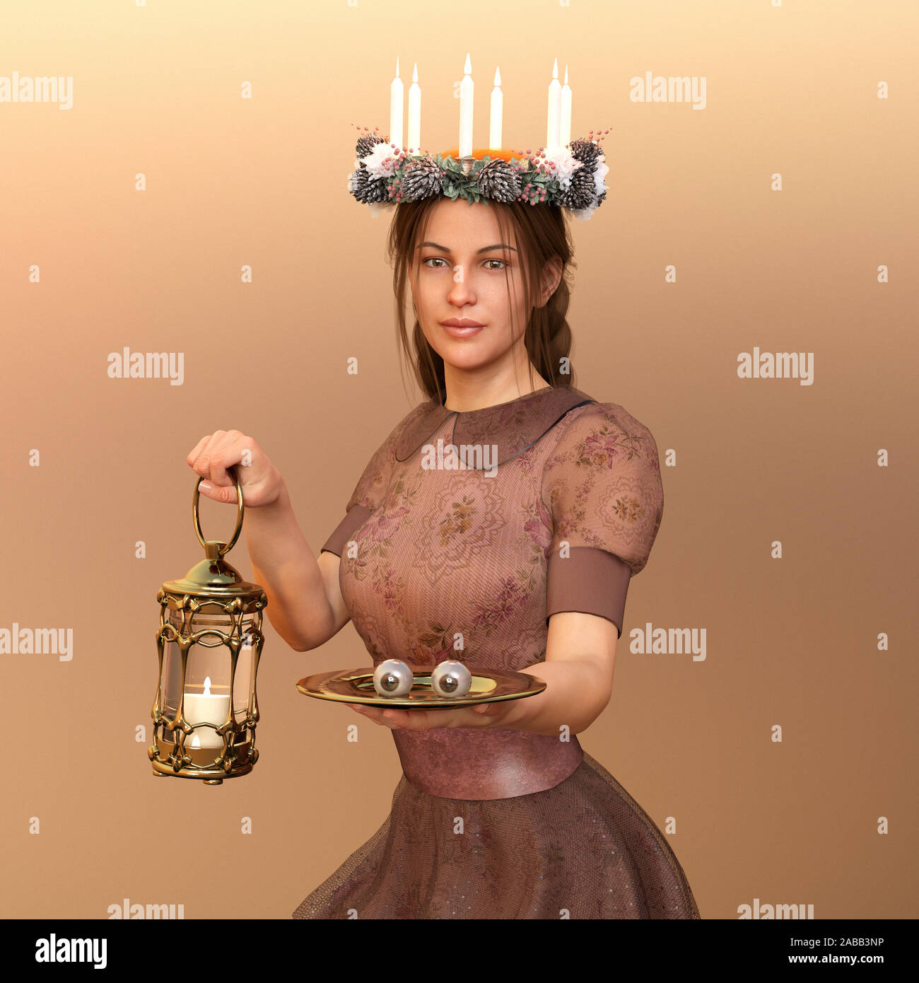 Santa Lucía, Sancta lucía con corona de velas, linterna y la placa con