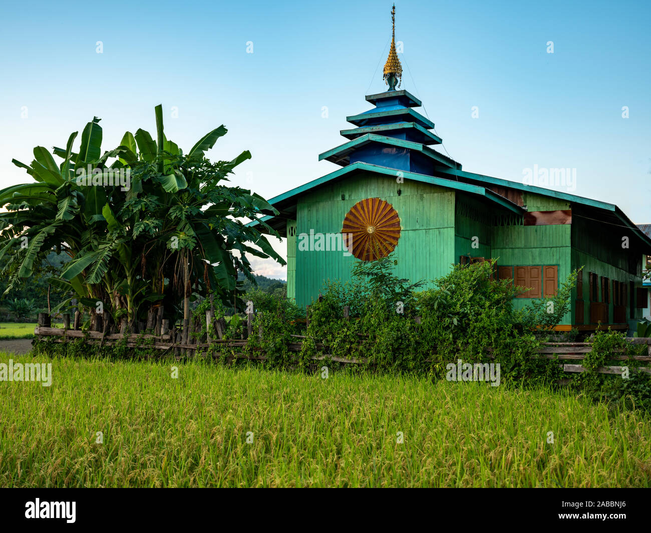 Monasterio Budista coloridas pintadas en azul y turquesa con techo de pagoda en medio de campos de arroz en la aldea de Río Chindwin KoneGyi, Myanmar (Birmania) Foto de stock
