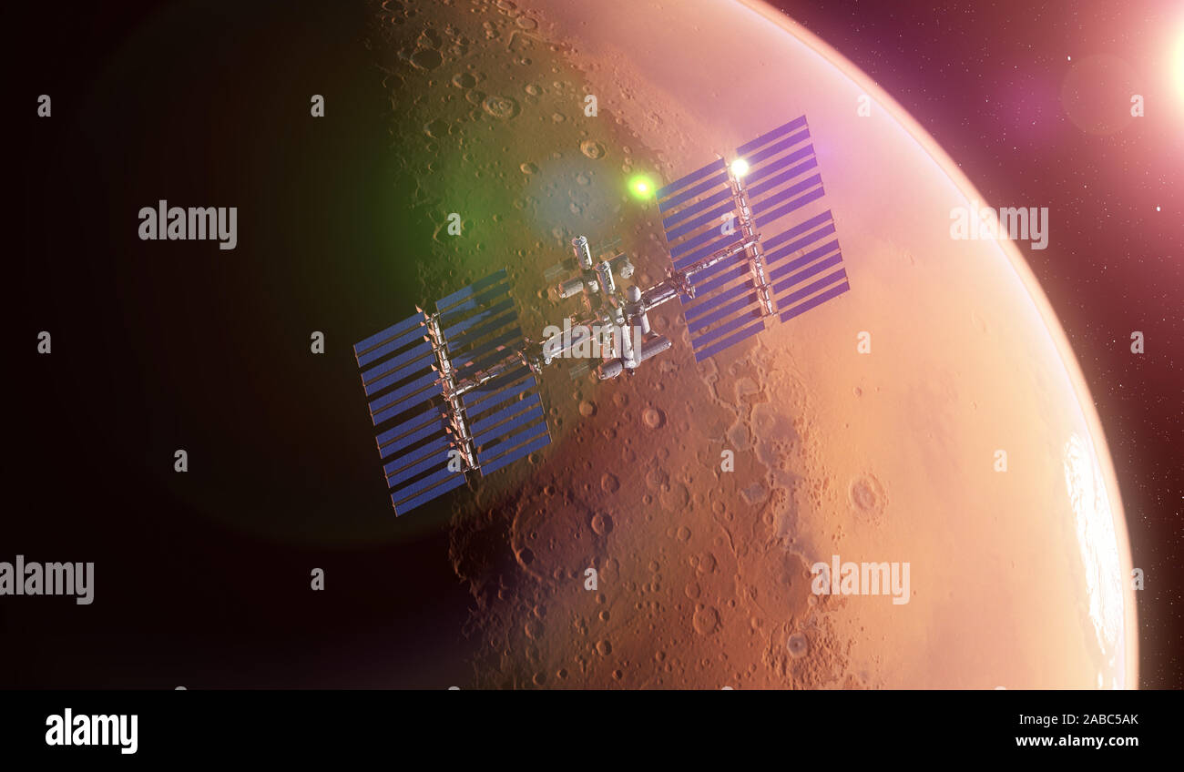 Ilustración 3D prestados de una estación espacial en órbita alrededor de Marte Foto de stock