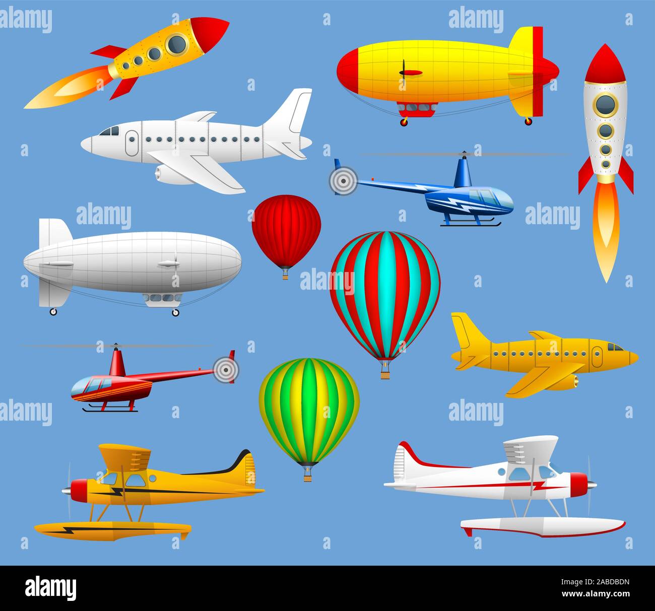Conjunto de diferentes tipos de transporte aéreo. Aviones, helicópteros,  globos y zeppelins Imagen Vector de stock - Alamy