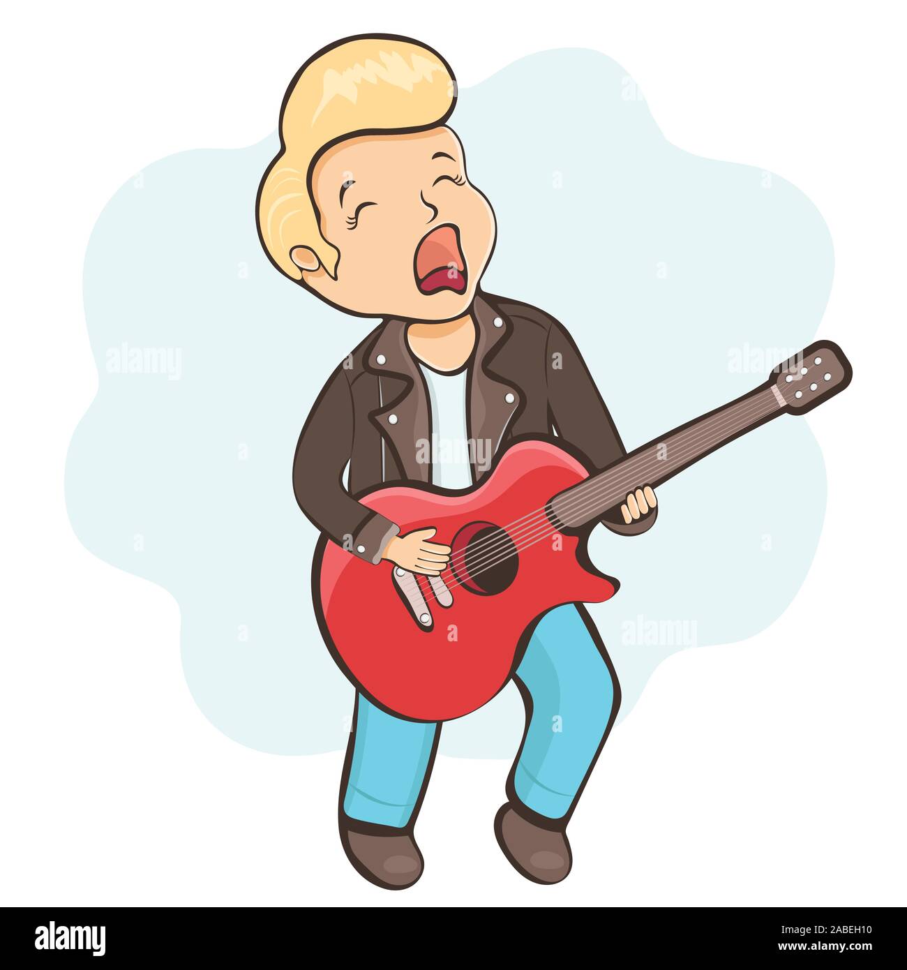 El hombre tocando la guitarra, personaje de caricatura, dibujo a mano  alzada, lineal, etiqueta musical. Lindo muchacho divertido en chaqueta de  cuero mantiene sosteniendo una guitarra y canta, es Imagen Vector de