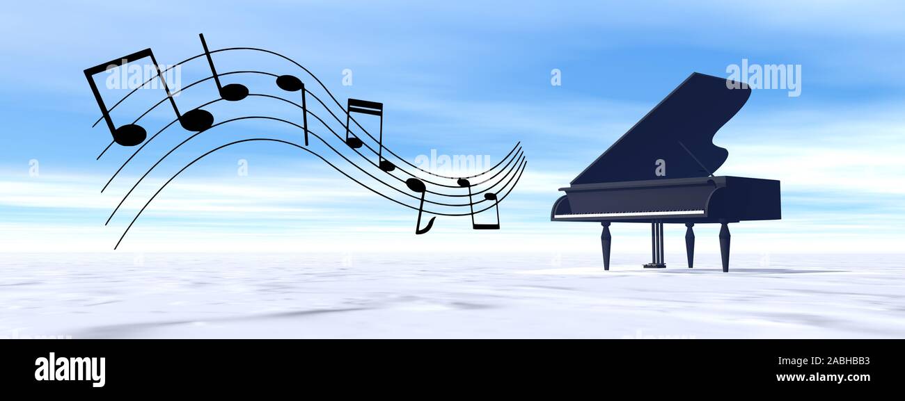 Negro clásico grand piano melodía en el invierno la naturaleza - 3D Render Foto de stock