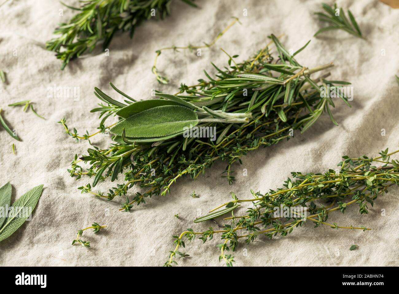 Materias verdes hierbas Pollo con romero, salvia y tomillo Foto de stock
