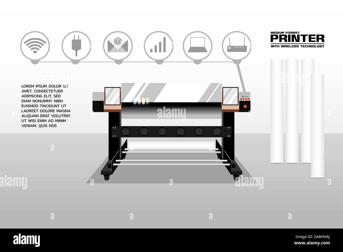 Plotter impresora de formato medio, sistema de impresión de inyección de  tinta con función inalámbrica. Variar los cabezales de impresión y los  formatos para imprimir muchos productos como banners, sig Imagen Vector