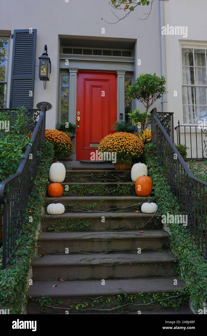 Informar Sinfonía diamante Las escaleras y la entrada a una casa decorada para caer con calabazas y  los crisantemos Fotografía de stock - Alamy
