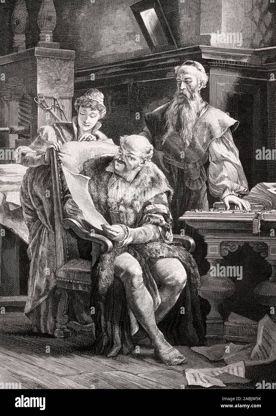 Johannes Gutenberg mostrando su primera impresión Foto de stock