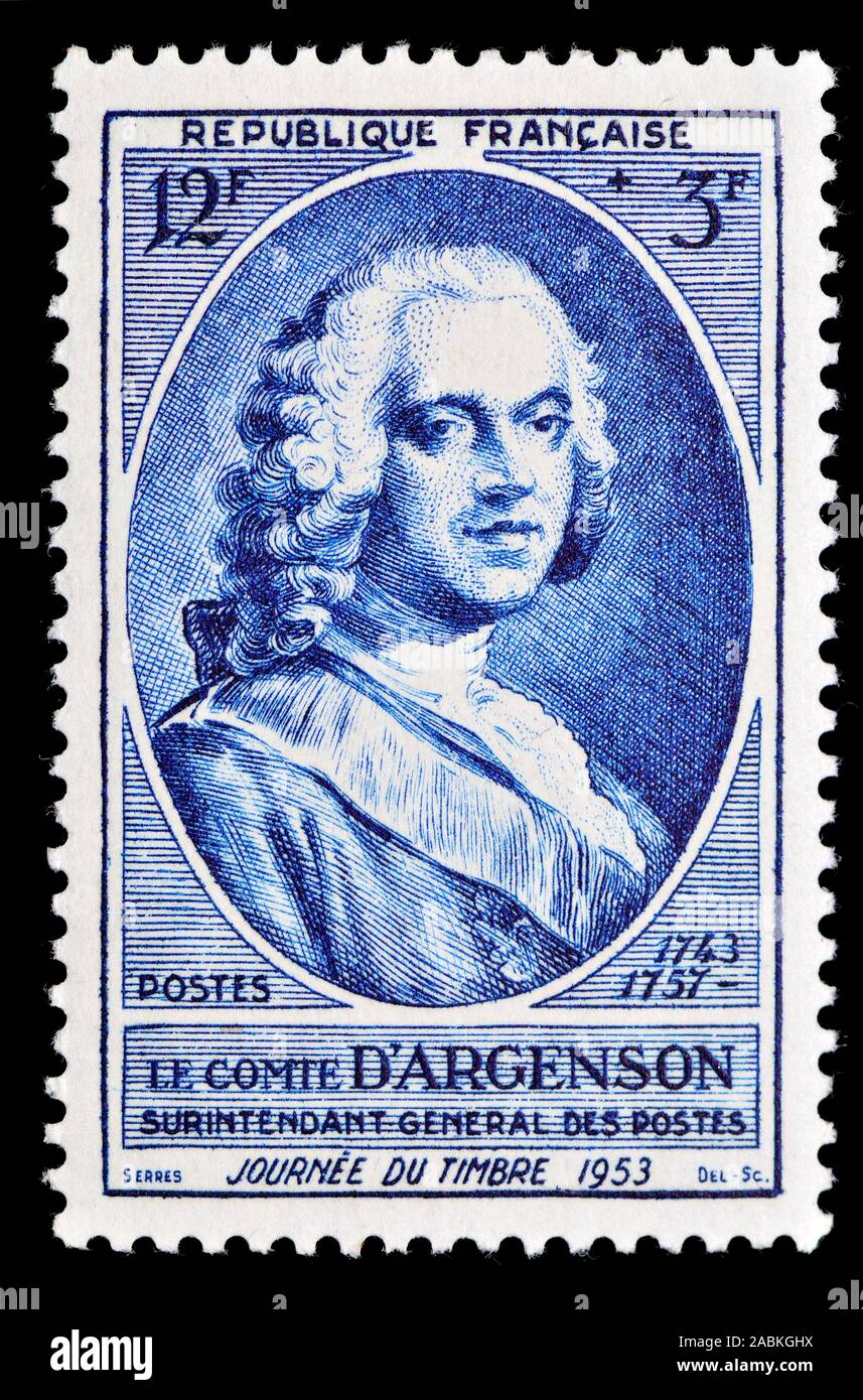 Sello francés (1953) : Marc-Pierre de Voyer de Paulmy, Comte d'argenson (1696 - 1764) político francés Foto de stock