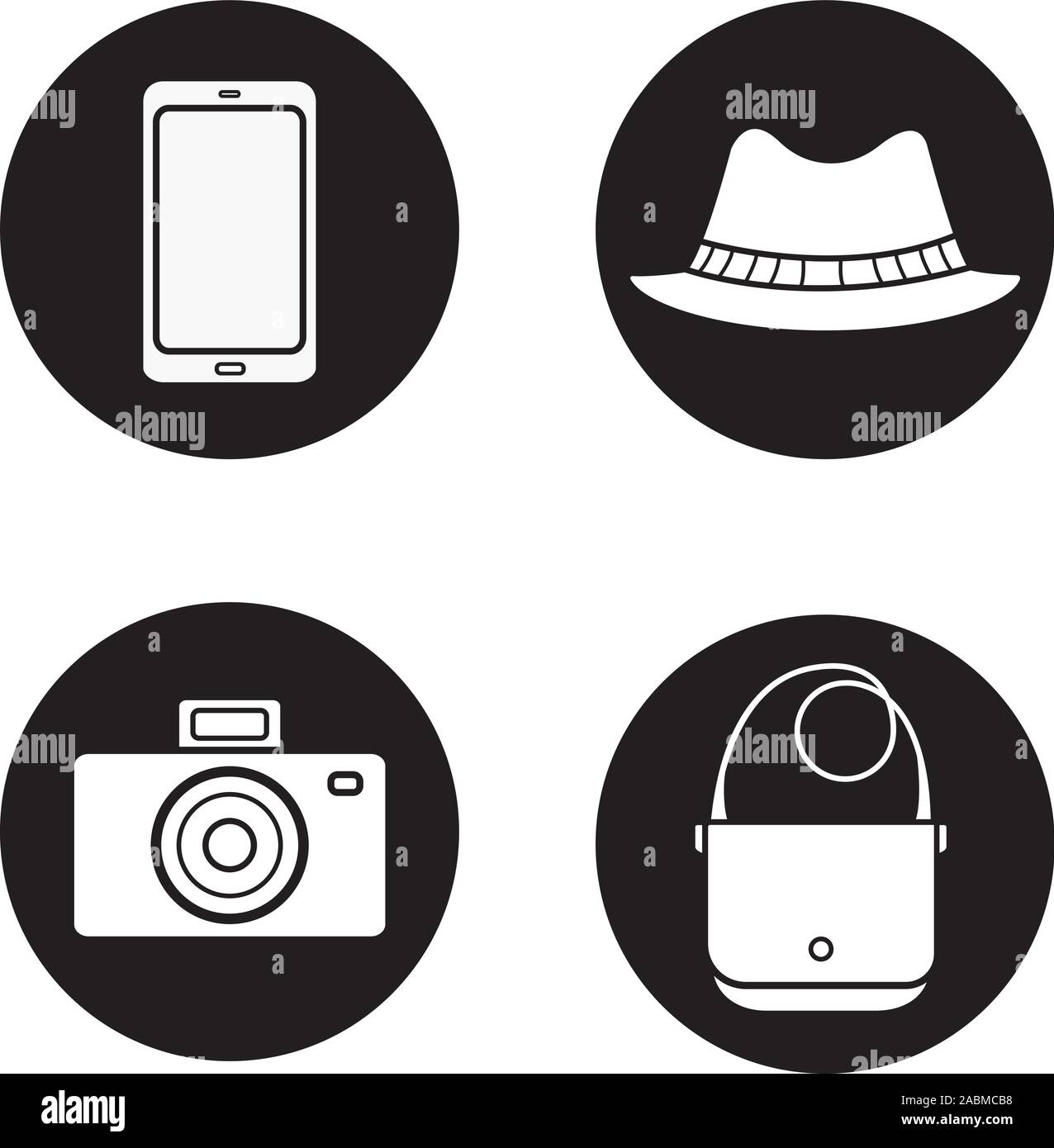Los hombres de accesorios del conjunto de iconos. Smartphone, cámara fotográfica, homurg sombrero y bolso de cuero. Equipamiento turístico. Vector ilustraciones en blanco en círculos negros Ilustración del Vector