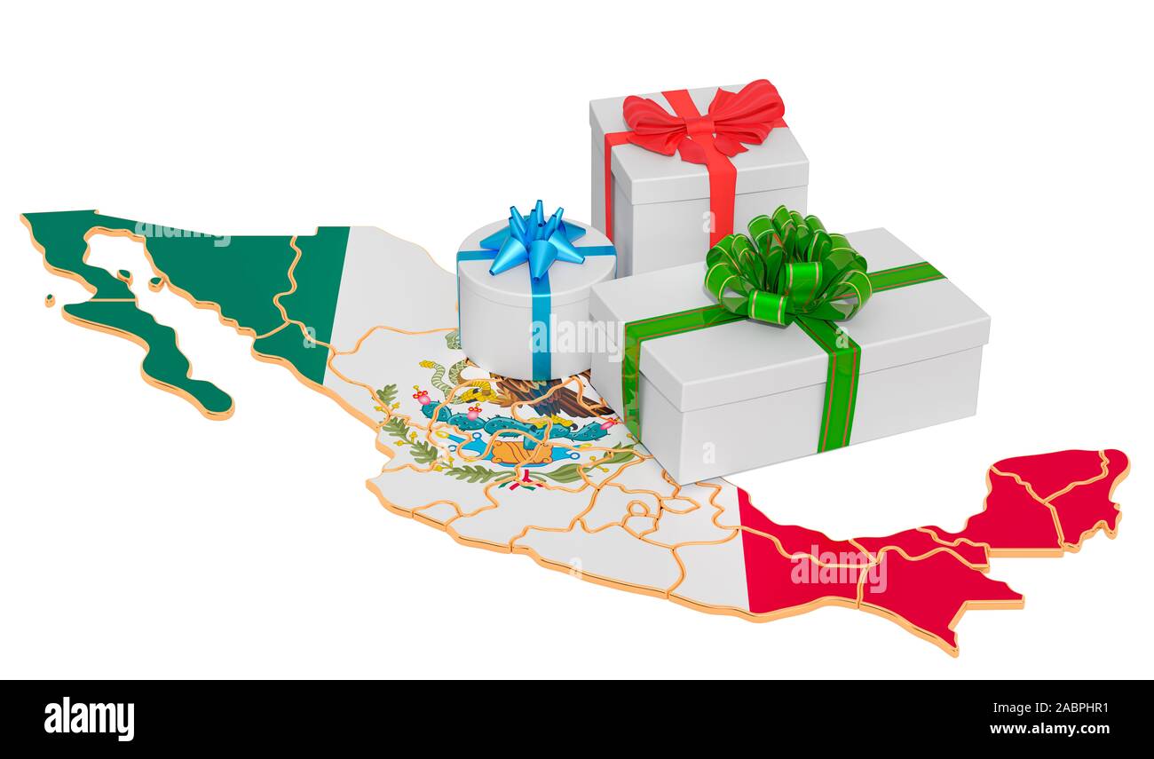 Cajas de regalo en el mapa de México. Vacaciones de Navidad y Año Nuevo  Concepto en México. 3D rendering aislado sobre fondo blanco Fotografía de  stock - Alamy