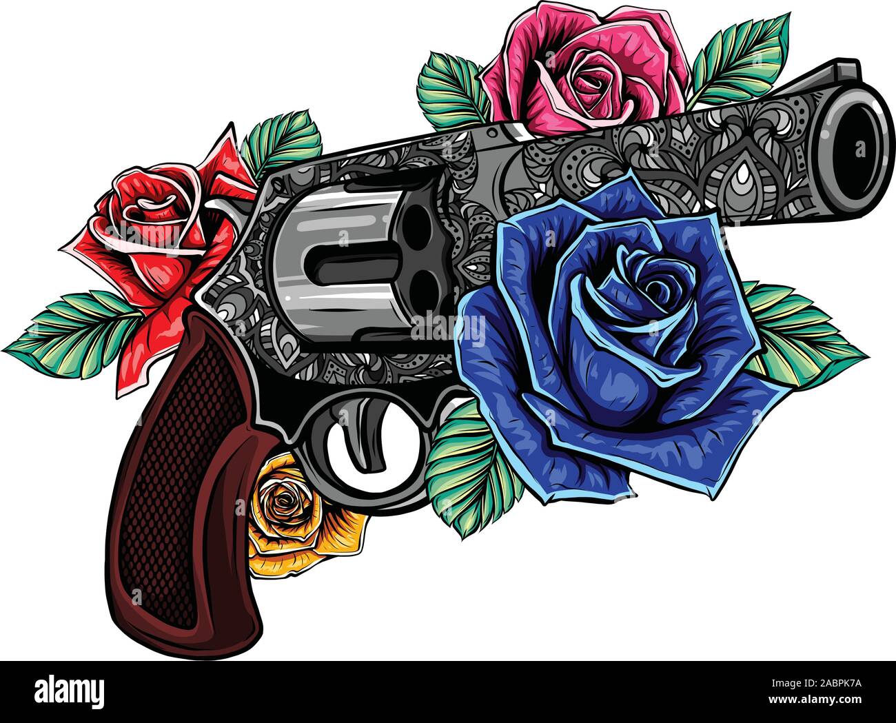 Dibujo de una pistola con rosas en color Ilustración del Vector