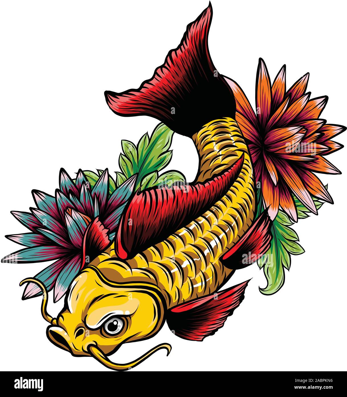 Contorno dibujado a mano koi fish ,oro carpa japonesa con flores de loto dibujo vectorial coloring book Ilustración del Vector