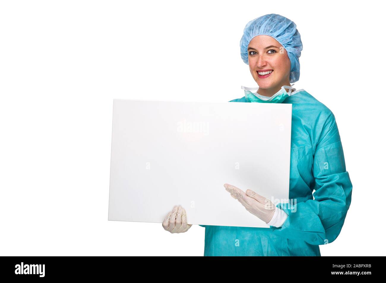 Arzt, Ärztin, OP-Schwester, mit weisser Tafel, Foto de stock